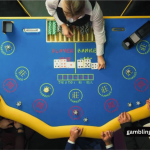 Casino baccarat table with banker and player cards