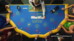 Casino baccarat table with banker and player cards