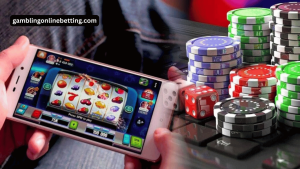 Internet casino with slot machines, roulette, and poker chips